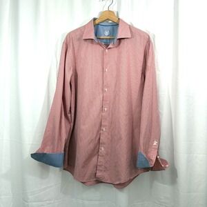 Bugatchi Uomo‎ Men's Dress Shirt, Salmon/Pink/Blue, Size 17 1/2, 36/37